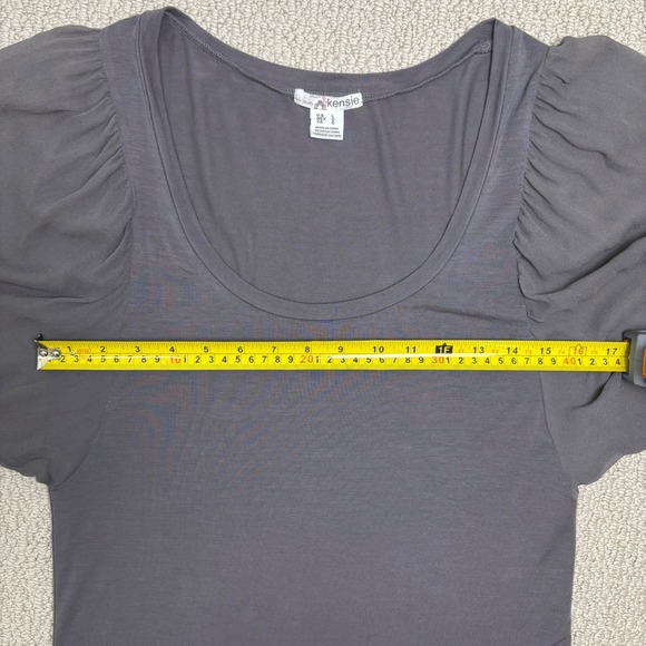 Kensie Sheer Sleeve Scoop Neck Top, Women's Size Large, Gray Puff Sleeve Tee - Picture 8 of 11